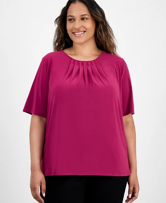 Kasper Plus Elbow-Sleeve Pleated-Neck Top