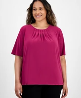Kasper Plus Elbow-Sleeve Pleated-Neck Top
