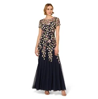 Adrianna Papell Women's Vine Sequin Short Sleeve Mesh Gown
