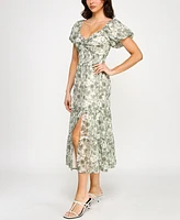 Trixxi Juniors' Printed Sweetheart Slit Puff-Sleeve Midi Dress