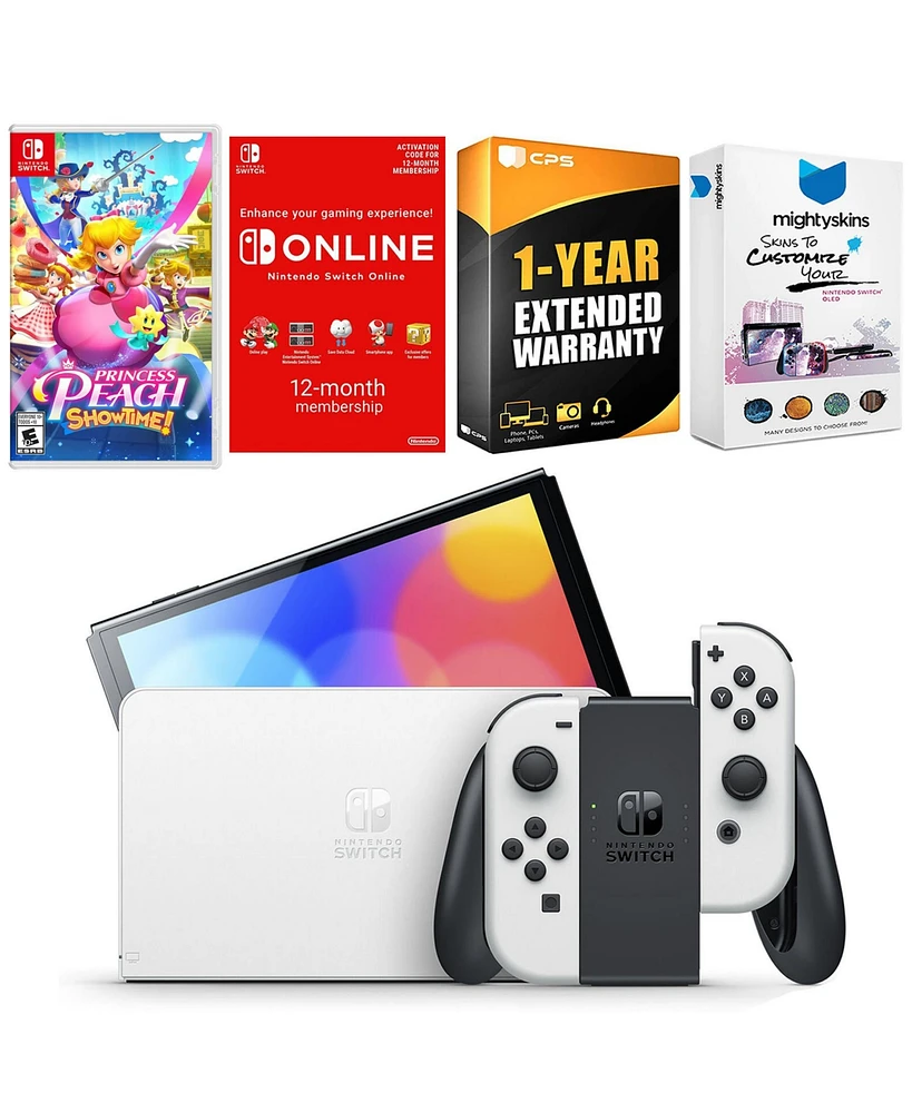 Nintendo Switch White Oled Console with Princess Peach: Showtime!, Nso 12 Month Family Membership, MightySkins Console and Controller Skin Voucher