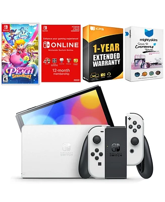 Nintendo Switch White Oled Console with Princess Peach: Showtime!, Nso 12 Month Family Membership, MightySkins Console and Controller Skin Voucher