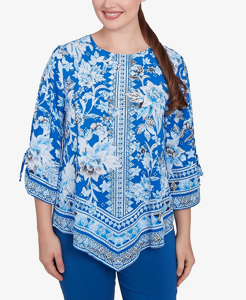 Ruby Rd. Petite Bohemian Batik Floral Border Print Crepe Tunic Top