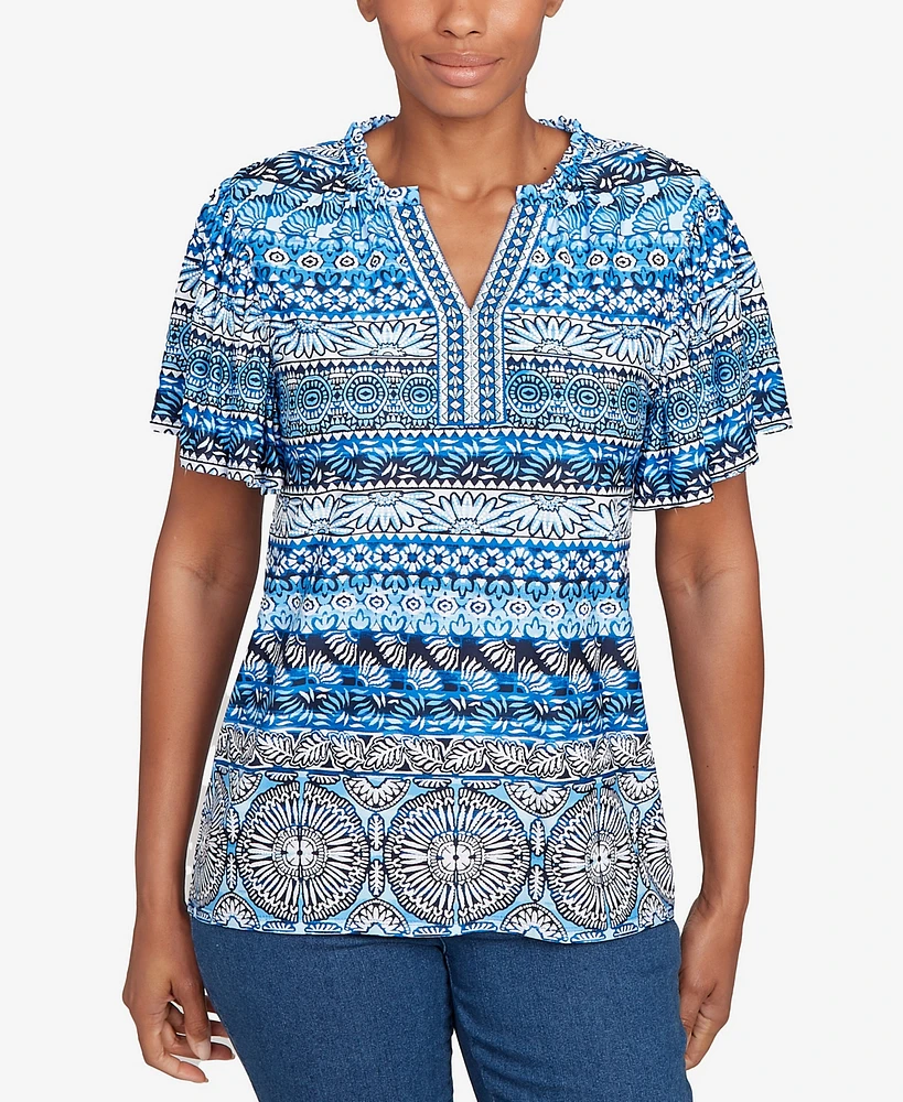 Ruby Rd. Petite Motif Stripe Embroidered Puff Print T-Shirt