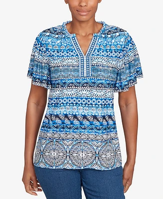 Ruby Rd. Petite Motif Stripe Embroidered Puff Print T-Shirt