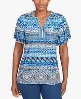 Ruby Rd. Petite Motif Stripe Embroidered Puff Print T-Shirt