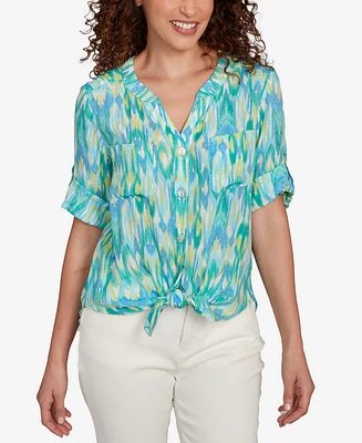Ruby Rd. Petite Paradise Ikat Button Tie Front V-Neck Top