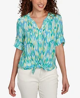 Ruby Rd. Petite Paradise Ikat Button Tie Front V-Neck Top