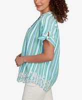 Ruby Rd. Petite Scalloped Stripe Embroidered Tie Sleeve Top
