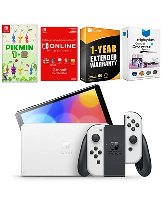 Nintendo Switch White Oled Console with Pikmin 1 + 2, Nso 12 Month Family Membership, MightySkins Console and Controller Skin Voucher