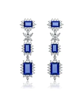 Sterling Silver with White Gold Plated Colored Cubic Zirconia Halo Three-Tier Earrings