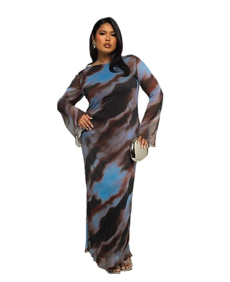Fashion-szn Curve Plus Long Sleeve Abstract Mesh Maxi Dress