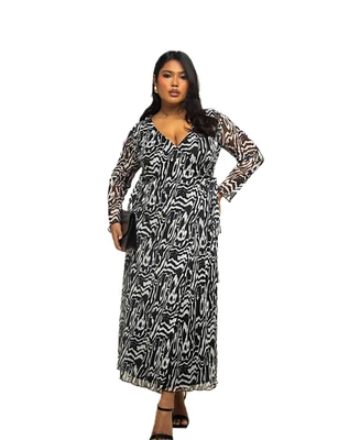 Fashion-szn Curve Plus Long Sleeve Monochrome Print Midi Dress