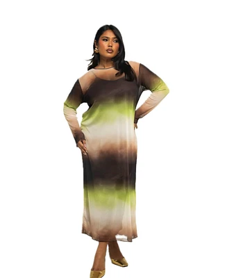Fashion-szn Curve Plus Long Sleeve Ombre Print Midi Dress