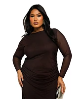 Fashion-szn Curve Plus Long Sleeve Chocolate Mesh Midaxi Dress