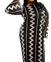 Fashion-szn Curve Plus Long Sleeve Monochrome Print Maxi Dress