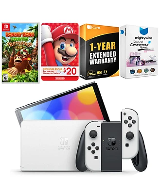 Nintendo Switch White Oled Console with Donkey Kong Country Returns Hd, Nintendo $20 eShop Gift Card, MightySkins Console and Controller Skin Voucher