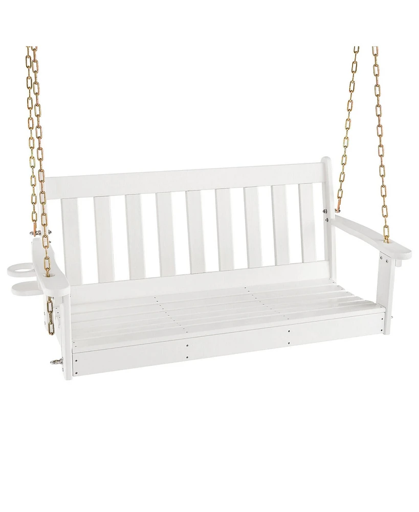 Gymax 54'' Hdpe Porch Swing Outdoor Patio Hanging Chair w/ Cup Holder Adjustable Chain
