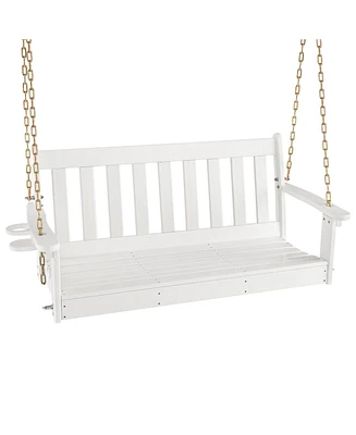 Gymax 54'' Hdpe Porch Swing Outdoor Patio Hanging Chair w/ Cup Holder Adjustable Chain
