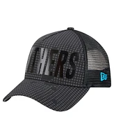 New Era Men's Black Carolina Panthers Midnight Ink Tonal Text A-Frame Trucker 9FORTY Adjustable Hat
