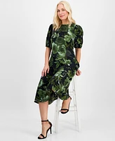 Connected Women's Woven Puff-Sleeve Round-Neck Midi Dress