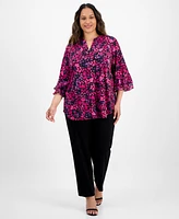 Kasper Plus Split-Neck Floral-Print Top