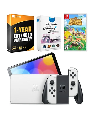 Nintendo Switch White Oled Console with Animal Crossing: New Horizons, MightySkins Console and Controller Skin Voucher, and 1 Year Cps Extended Warran
