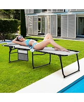 Gymax Folding Chaise Lounge Portable Lay Flat Reclining Chair w/ 4-Level Backrest Side Pocket Gray