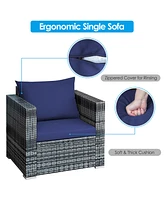 Gymax 3PCS Rattan Patio Conversation Furniture Set Outdoor Yard w/ Navy Cushion