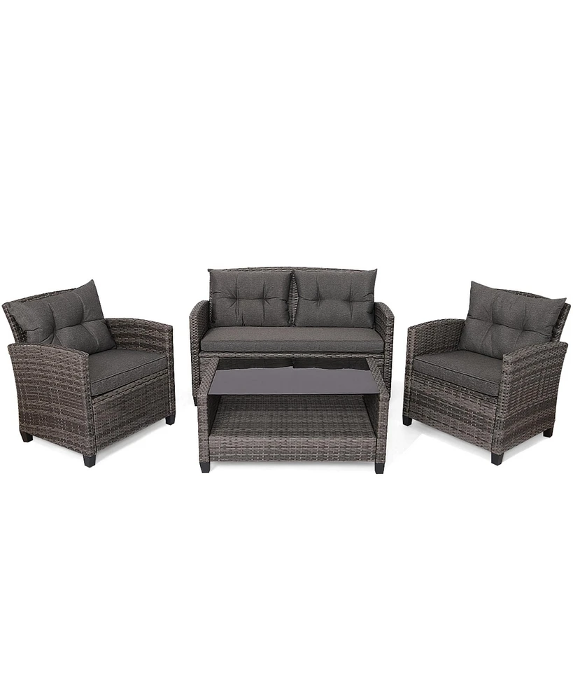 Gymax 4PC Rattan Patio Conversation Set Cushioned Outdoor Furniture Set