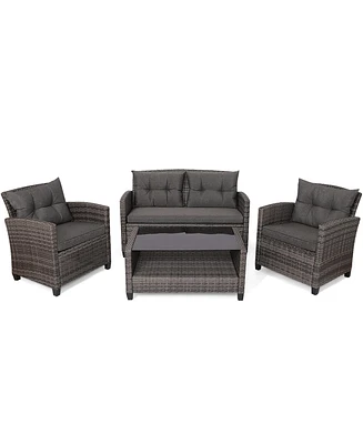 Gymax 4PC Rattan Patio Conversation Set Cushioned Outdoor Furniture Set