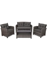 Gymax 4PC Rattan Patio Conversation Set Cushioned Outdoor Furniture Set