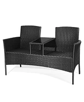 Gymax Rattan Wicker Patio Conversation Set w/ Table Red Cushion