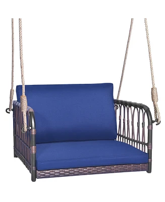 Gymax Patio Rattan Porch Swing Single Person Hanging Seat w/ Seat & Back Cushions Backyard