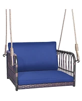 Gymax Patio Rattan Porch Swing Single Person Hanging Seat w/ Seat & Back Cushions Backyard