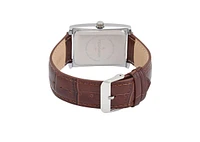 Peugeot Men's 30X40mm Silver Tank Shape Watch with Textured Dial Brown Leather Strap