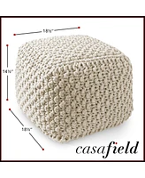 Casafield Square Pouf Ottoman, Navy Blue - 18.5" W x D 14.5" H Cotton Knit Foot Stool Boho Floor Pouffe for Living Room