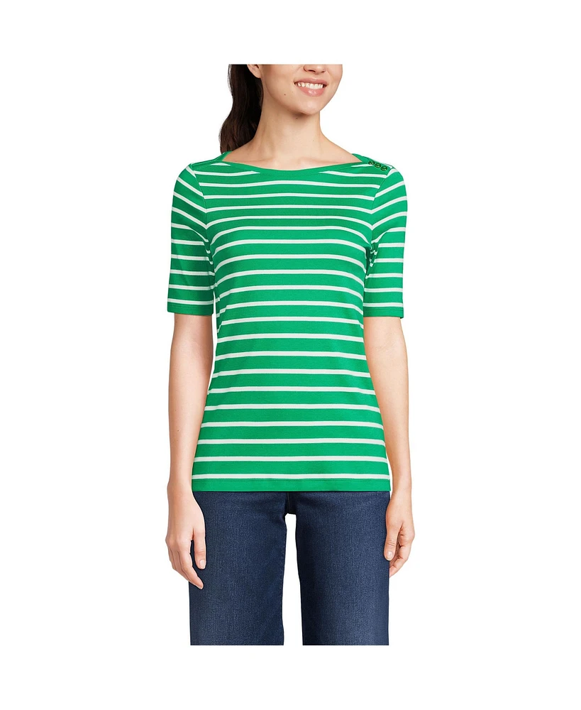 Lands' End Women's Supima Cotton Elbow Sleeve Boatneck Button Shoulder Tee