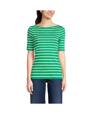 Lands' End Women's Supima Cotton Elbow Sleeve Boatneck Button Shoulder Tee