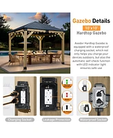 Aoodor 10 x 10 ft Wooden Frame Gazebo with Galvanized Metal Hardtop Roof, Outdoor Patio Gazebo with Charging Socket
