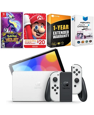 Nintendo Switch White Oled Console with Pokemon Violet, Nintendo $20 eShop Gift Card, MightySkins Console and Controller Skin Voucher