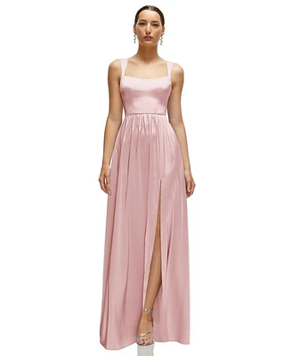 After Six Plus Shaped Strap Portrait Neckline Fluid Satin Maxi Dress with Full Skirt