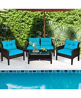 Gymax 4PCS Rattan Patio Furniture Conversation Set Cushioned Outdoor Furniture Set