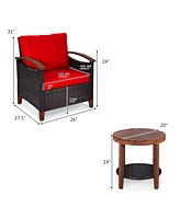 Gymax 3PCS Patio Wicker Rattan Conversation Set Outdoor Furniture Set w/ Red Cushion