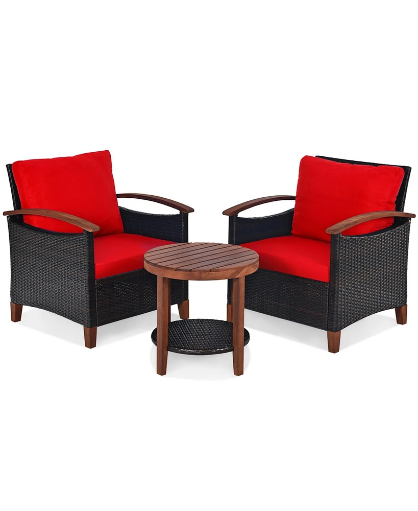 Gymax 3PCS Patio Wicker Rattan Conversation Set Outdoor Furniture Set w/ Red Cushion