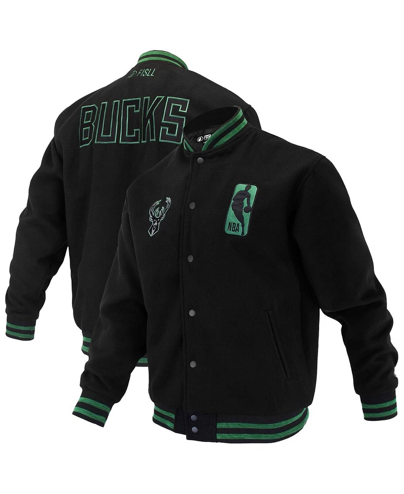 Fisll Men's and Women's Black Milwaukee Bucks Logo Man Shadow Collection Full-Snap Varsity Jacket