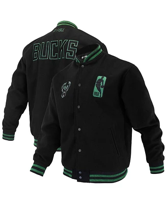 Fisll Men's and Women's Black Milwaukee Bucks Logo Man Shadow Collection Full-Snap Varsity Jacket