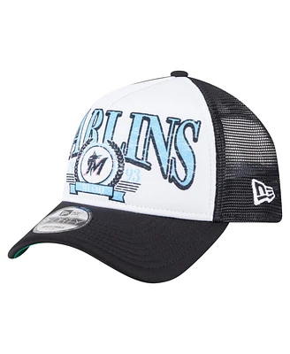 New Era Men's Black Miami Marlins Distressed 9FORTY A-Frame Adjustable Trucker Hat