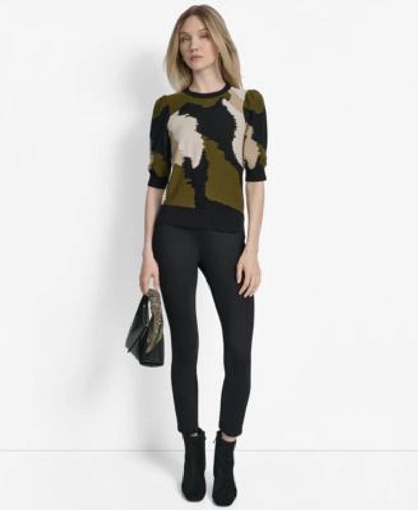 Dkny Womens Printed Puff Sleeve Sweater Slim Leg Pull On Ponte Ankle Pants