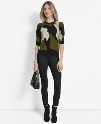 Dkny Womens Printed Puff Sleeve Sweater Slim Leg Pull On Ponte Ankle Pants